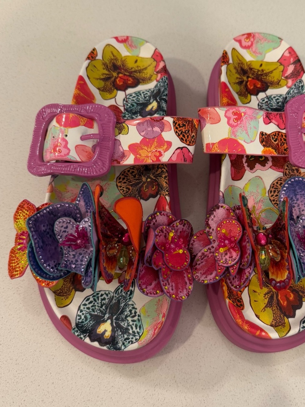 Betsey Johnson Floral Embellished Platform Slide Sandals Pink Multicolor